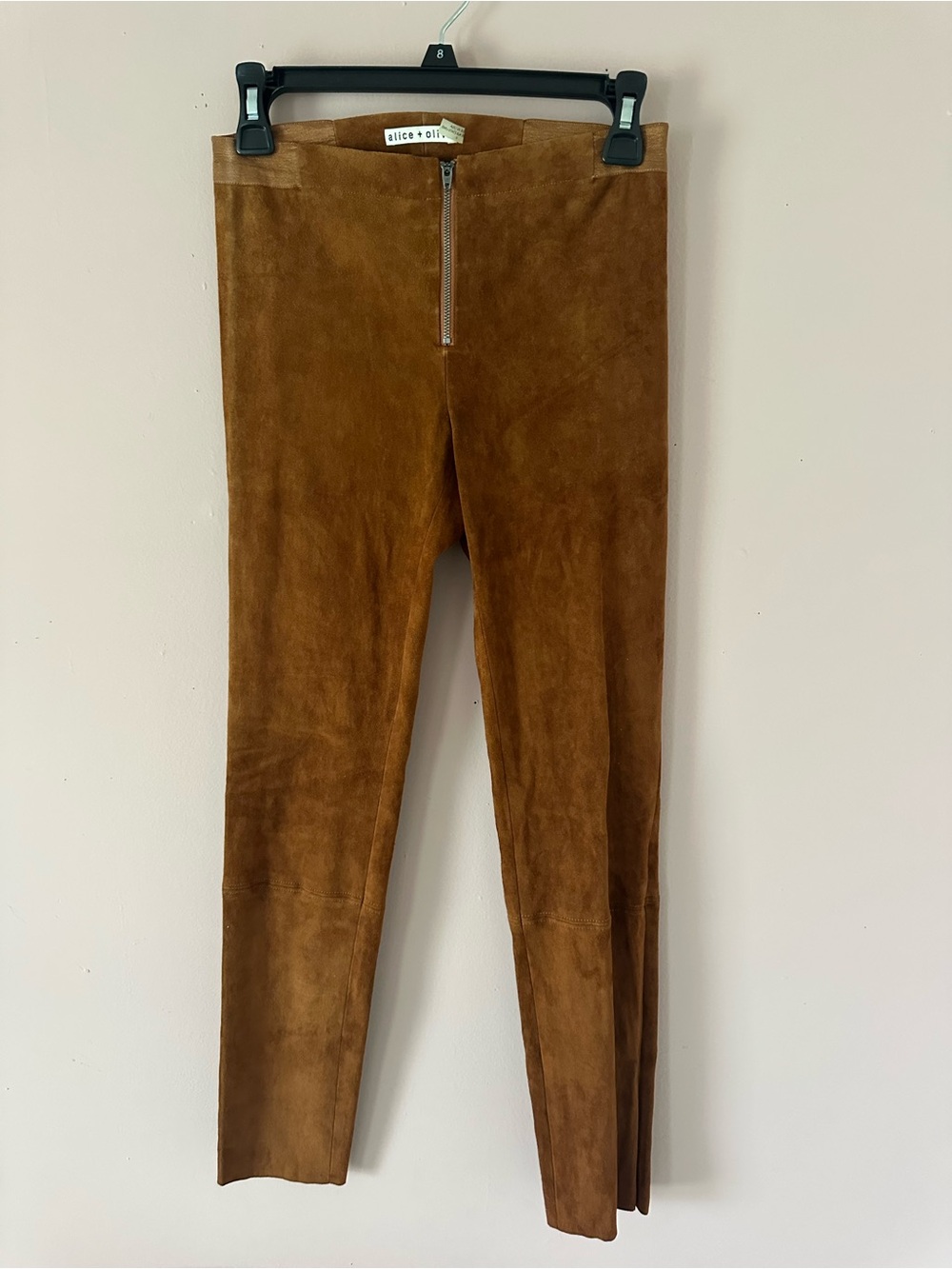 Alice + Olivia Chestnut Brown lamb skin Suede fitted pants leggings zipper front